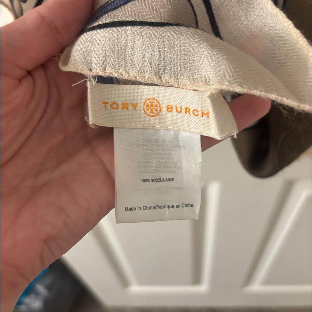 Tory Burch Cream and Blue Wool Scarf - Picture 3 of 4